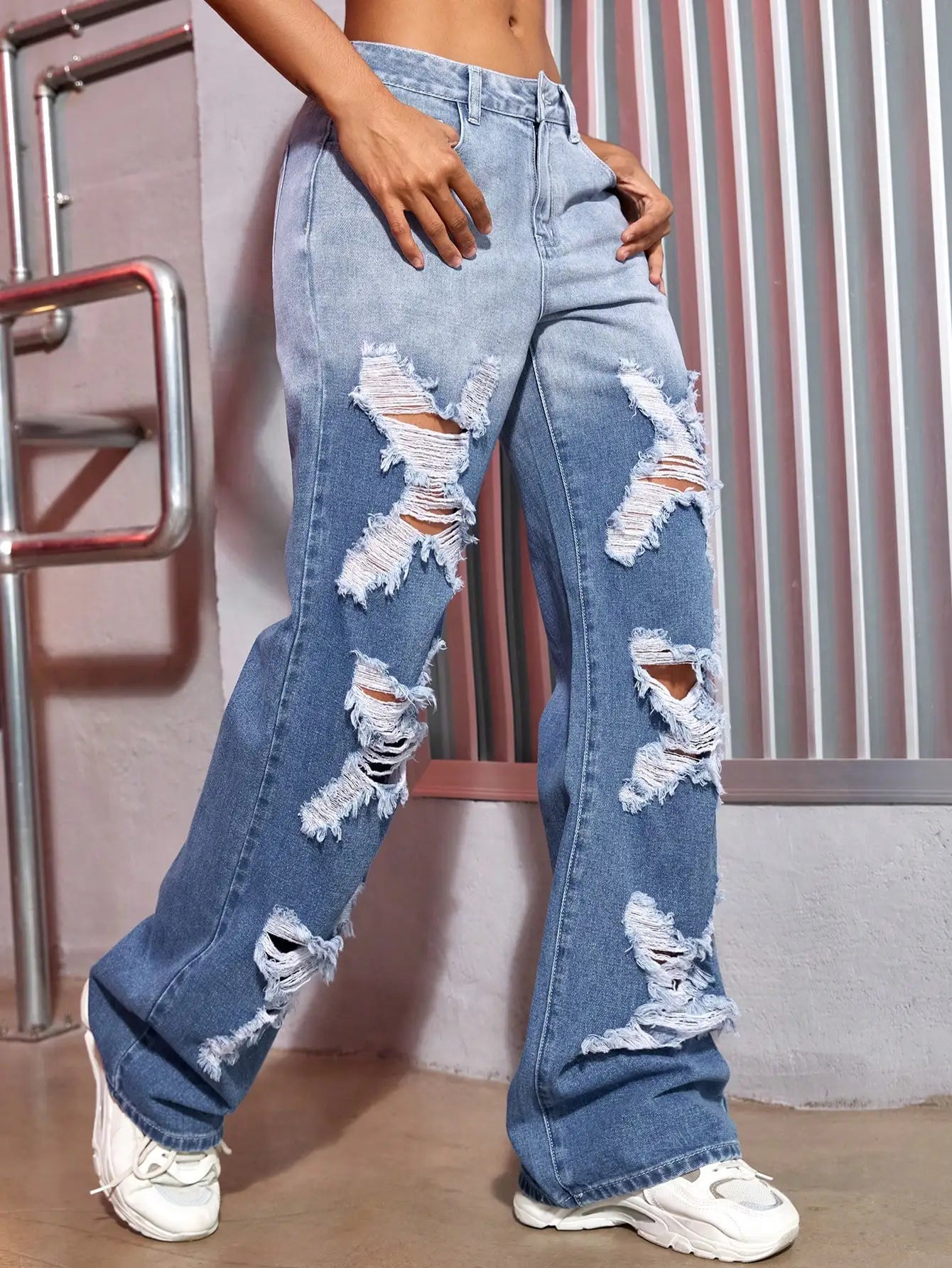 Y2K Women Fashion Ripped Jeans Color Contrast Split Shape Wide Leg Denim Trousers Streetwear