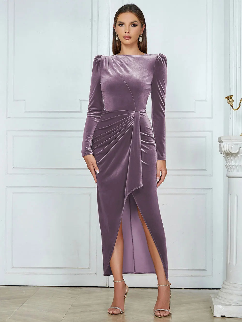 2025 Spring Elegant Women's Velvet Dress O-neck Long Sleeve Bodycon Draped Split Body Long Dress Celebrity Evening Party Vestido