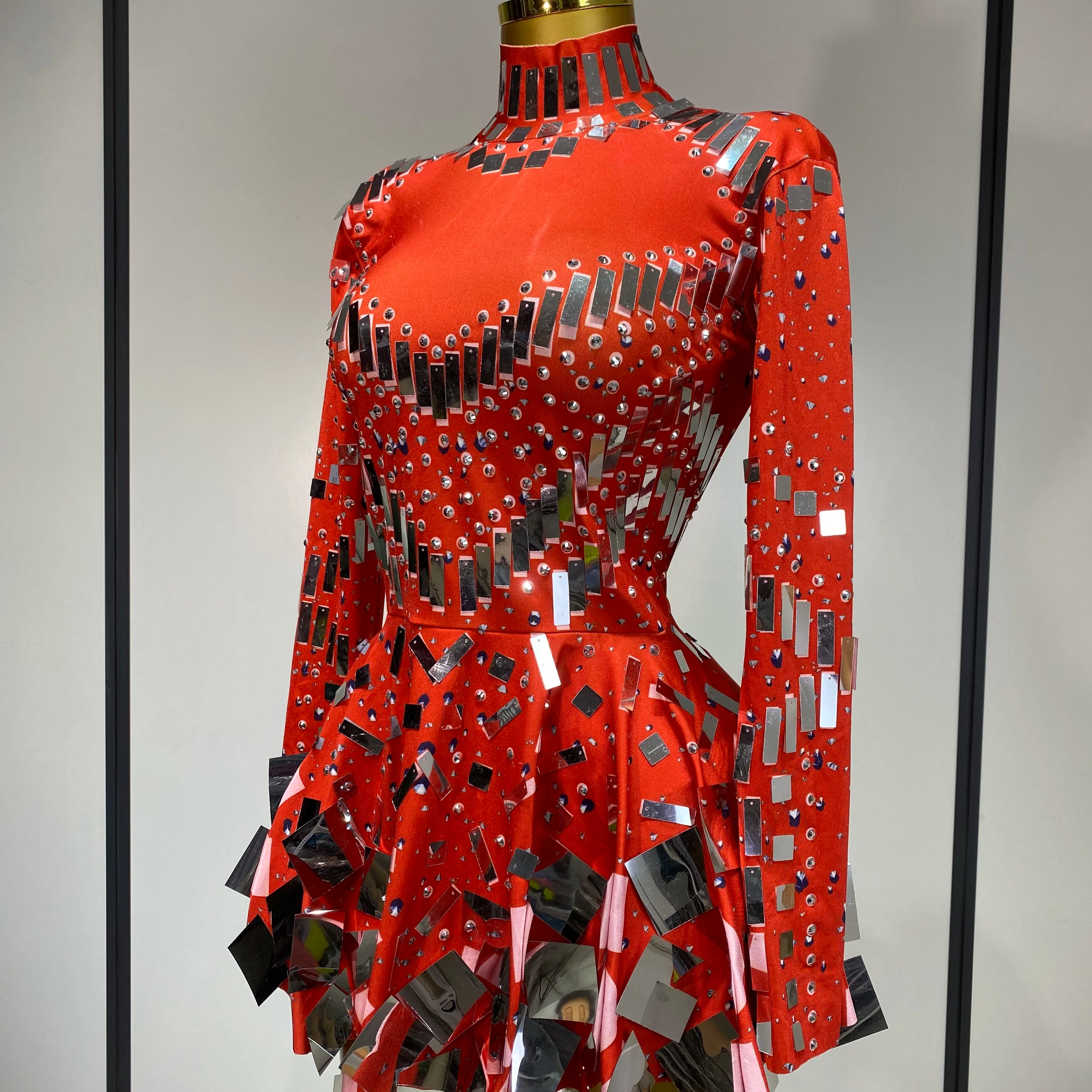 Women Sexy High Elastic A-Line Long Sleeve Dress Performance Costume Sparkly Nightclub Evening Party Hotwife Stage Outfit