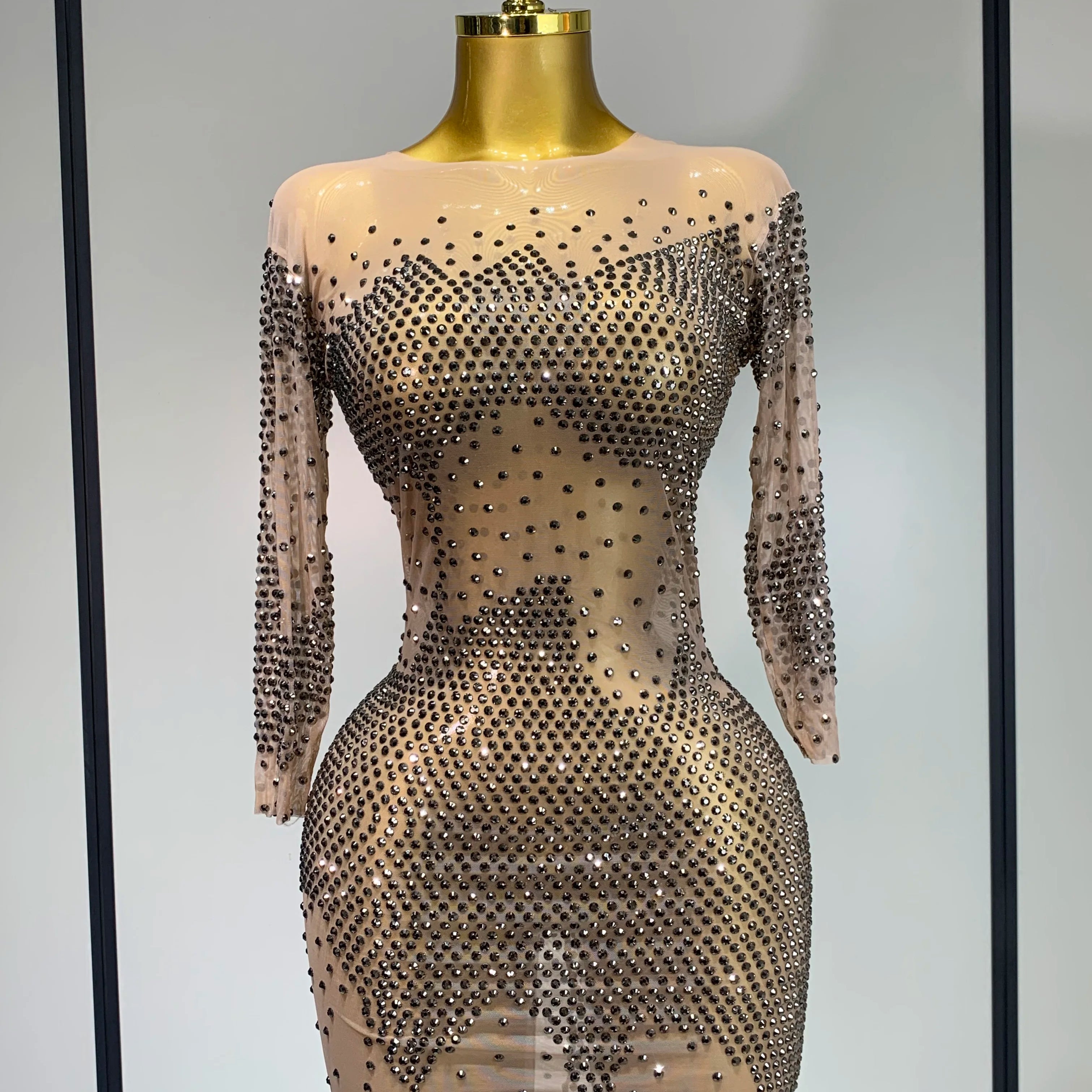 Luxury Birthday Rhinestones Half Sleeve Transparent Mini Dress Women 2025 Sexy Mesh Stretch Performance Celebrity Stage Wear