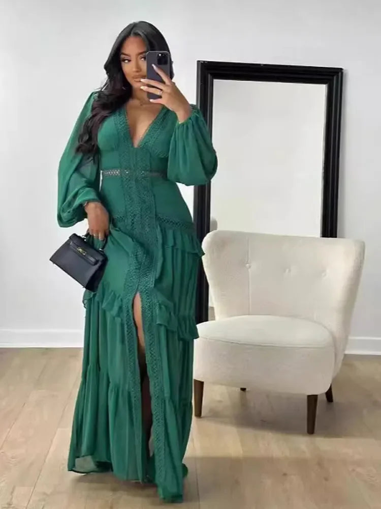 Women Elegant Layered Ruffles Patchwork Long Dress Chic V Neck Puff Full Sleeves Split Maxi Dresses Fashion Lady Party Robes Dark green