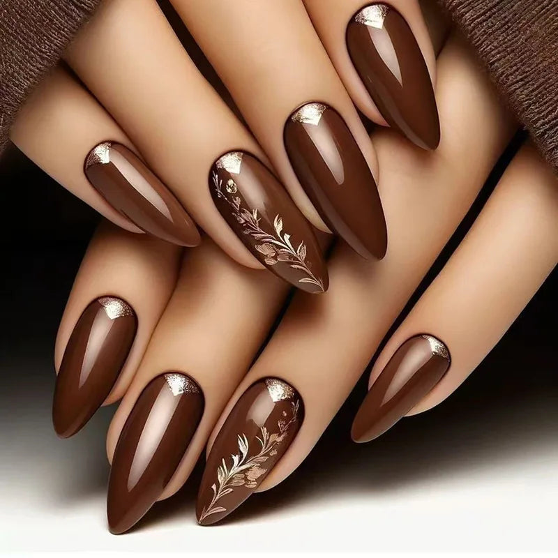 24Pcs Brown Maple Leaves Design Press on False Nails Long Almond Nails Set with Diamond Detachable Retro Fake Nail Tip for Women
