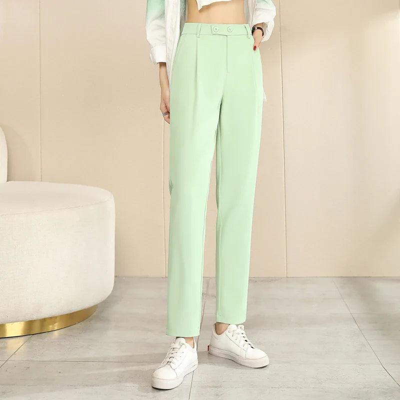 Women's Summer New Solid Fashion Thin High Waist Casual Straight Loose Button Pocket Ruched Suit Harlan Small Feet Pants Green