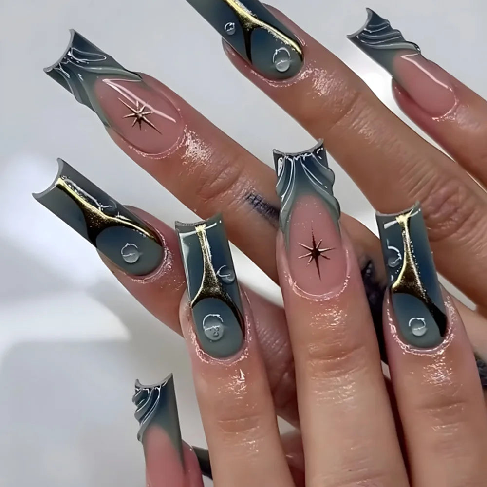 24Pcs Mid-length Square Press on Fake Nails Leopard Print 3D Star Design False Nails Rhinestone Detachable Full Cover Nails Tips