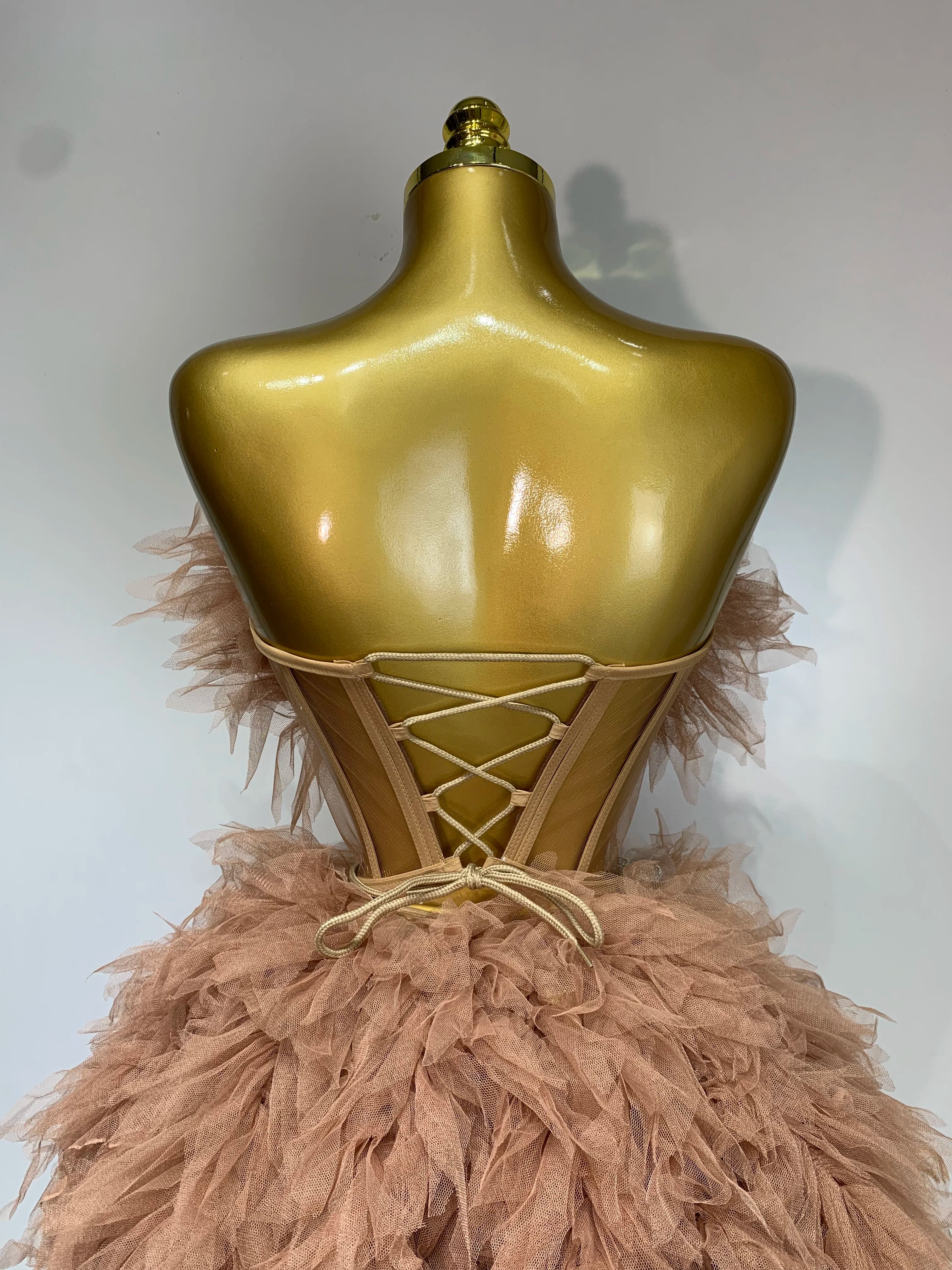 Women Sexy Strapless Two Pieces Set Prom Gown Mini Dress Celebrate Nightclub Party Performance Costume Singer Stage Wear