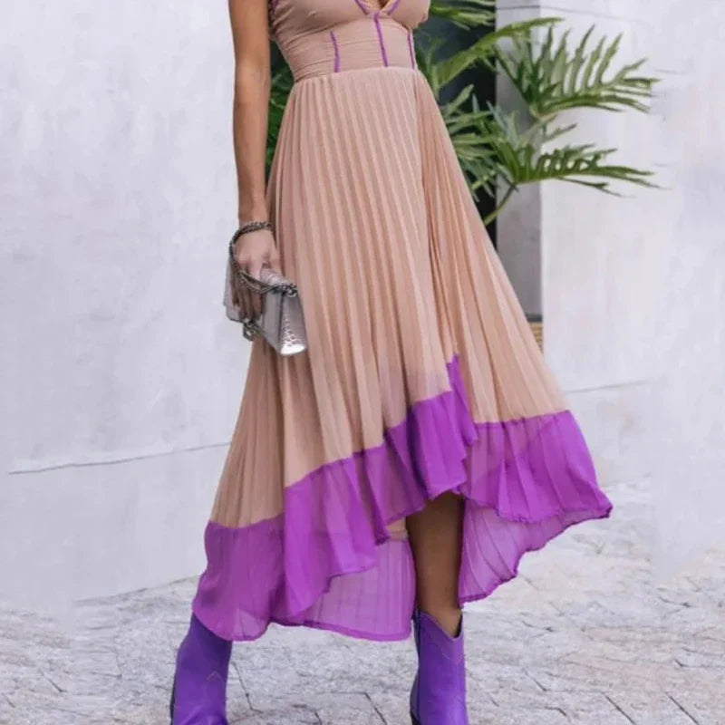 Ellafads Women Maxi Dress Summer Fashion V Neck Nipped Waist Slim Sleeveless Suspender Pleated Irregular Dresses High Streetwear