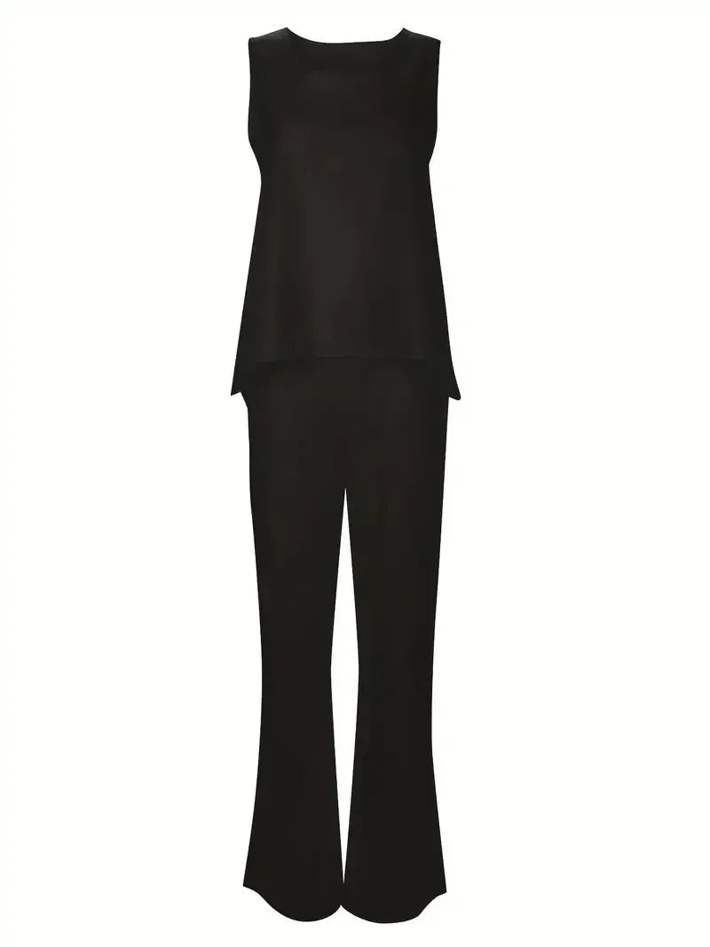 Plus Size 1XL-8XL Women's Casual Outfits Two Piece Set Solid Round Neck Tank Top Wide Leg Pants Outfits 2 Piece Set