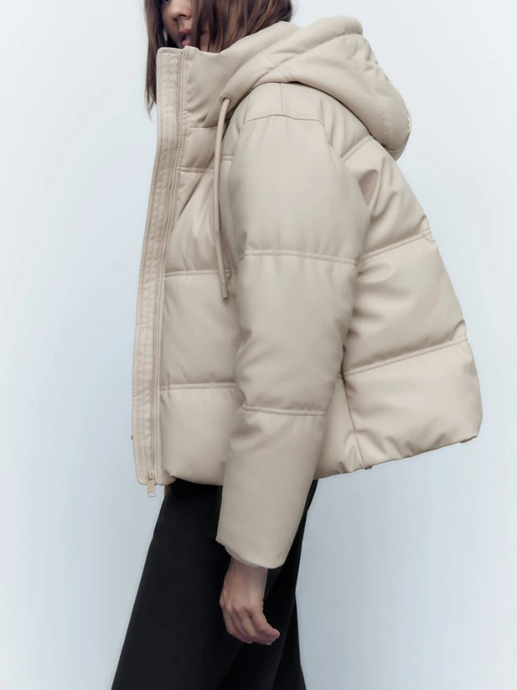 Women's Autumn Winter New Thickened Warm PU Imitation Leather Short Hooded Padded Jacket Top Faux Leather Parka Jacket Coat