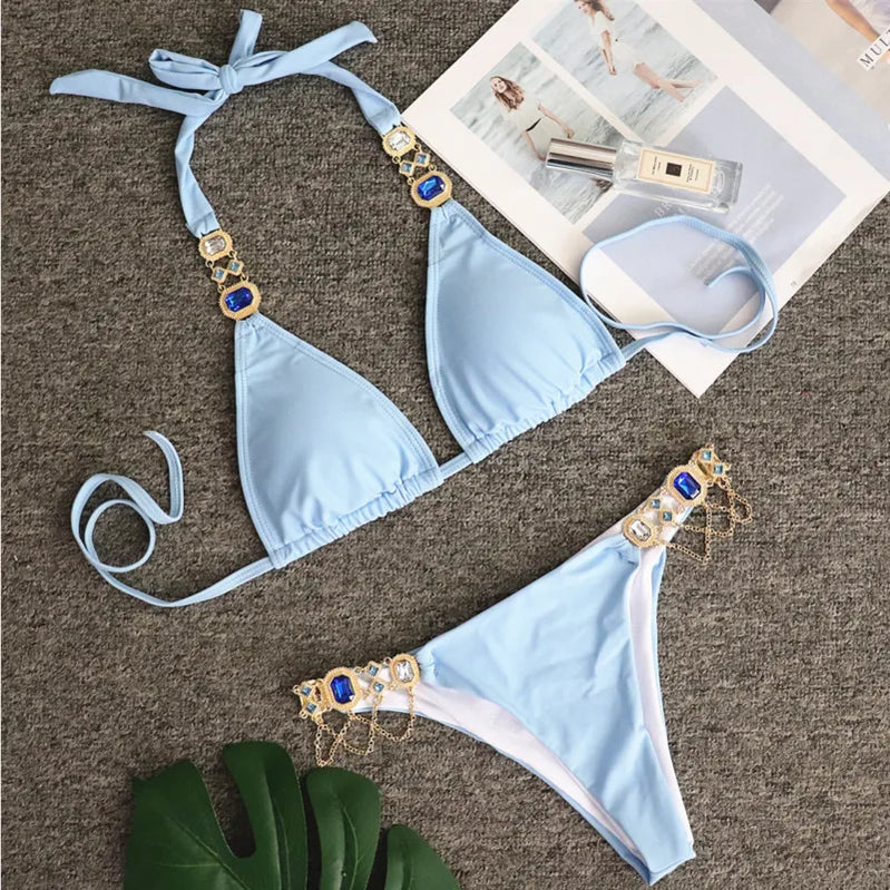 Black Sexy Bikinis Swimsuit With Rhinestones Women's Swimwear Female Push Up Bikini Beach Swim Wear Bathing Suits Pool Bather A23081401B