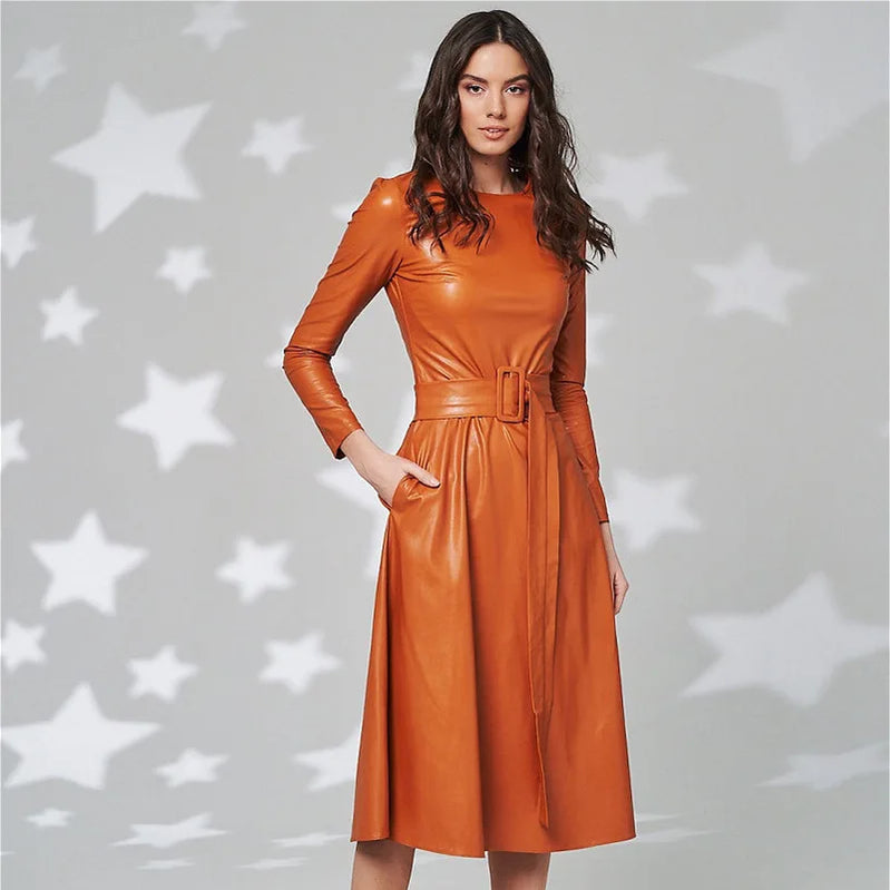 Fashion Belt Faux Leather Dresses Women Long Sleeve Slim Fit PU Dress Sexy Club Wear Autumn Winter