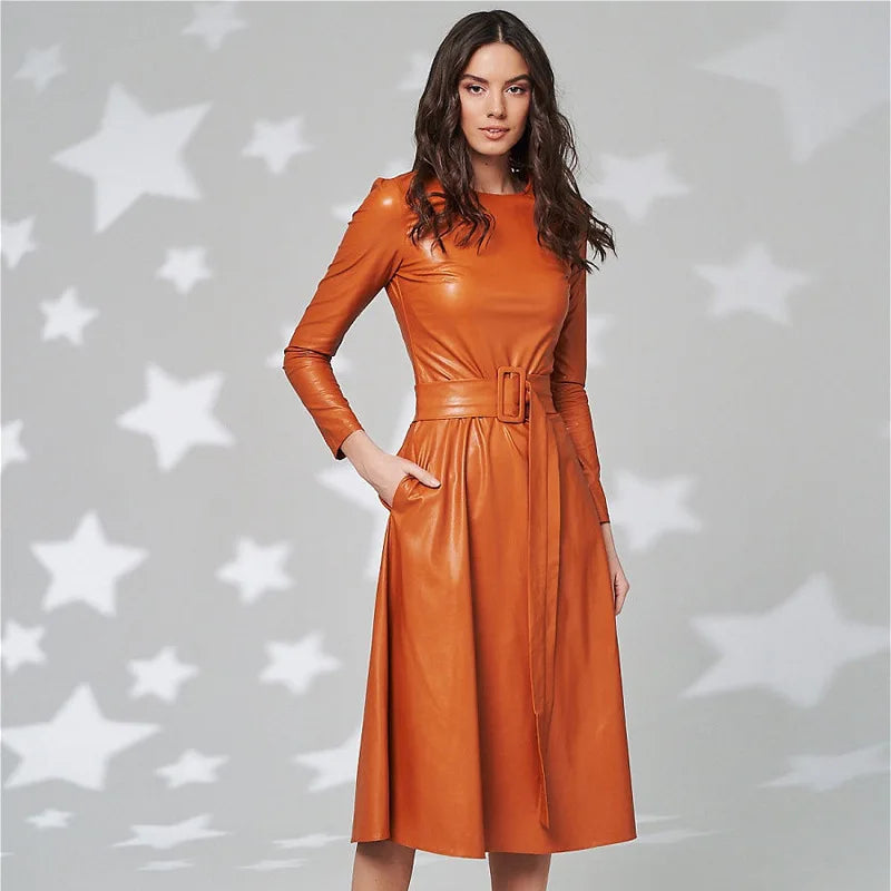 Fashion Belt Faux Leather Dresses Women Long Sleeve Slim Fit PU Dress Sexy Club Wear Autumn Winter