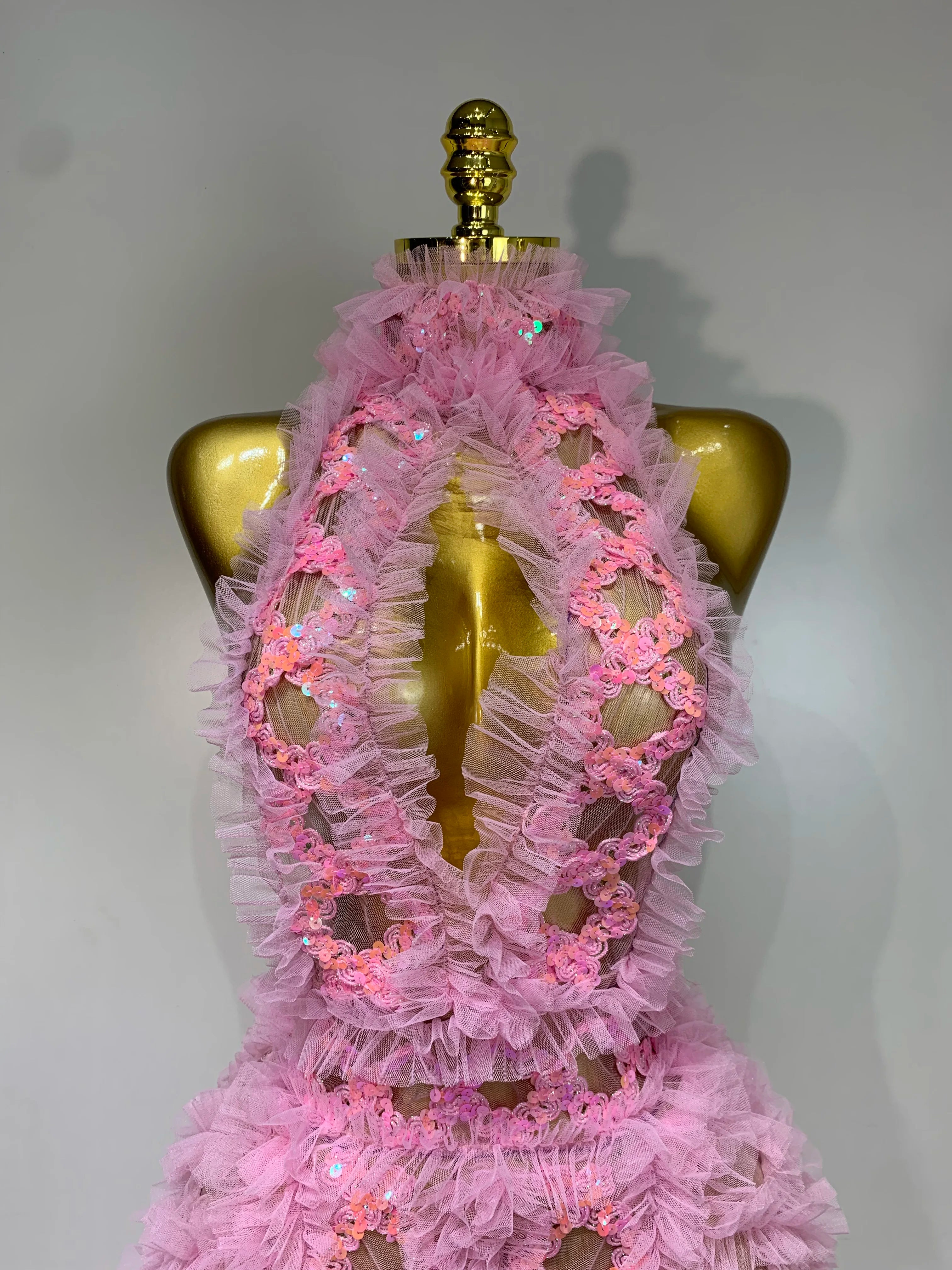 Mesh Sequins Sexy Backless Halter See Through Dress 2025 Birthday Evening Party Prom Nightclub Singer Stage Performance Costume