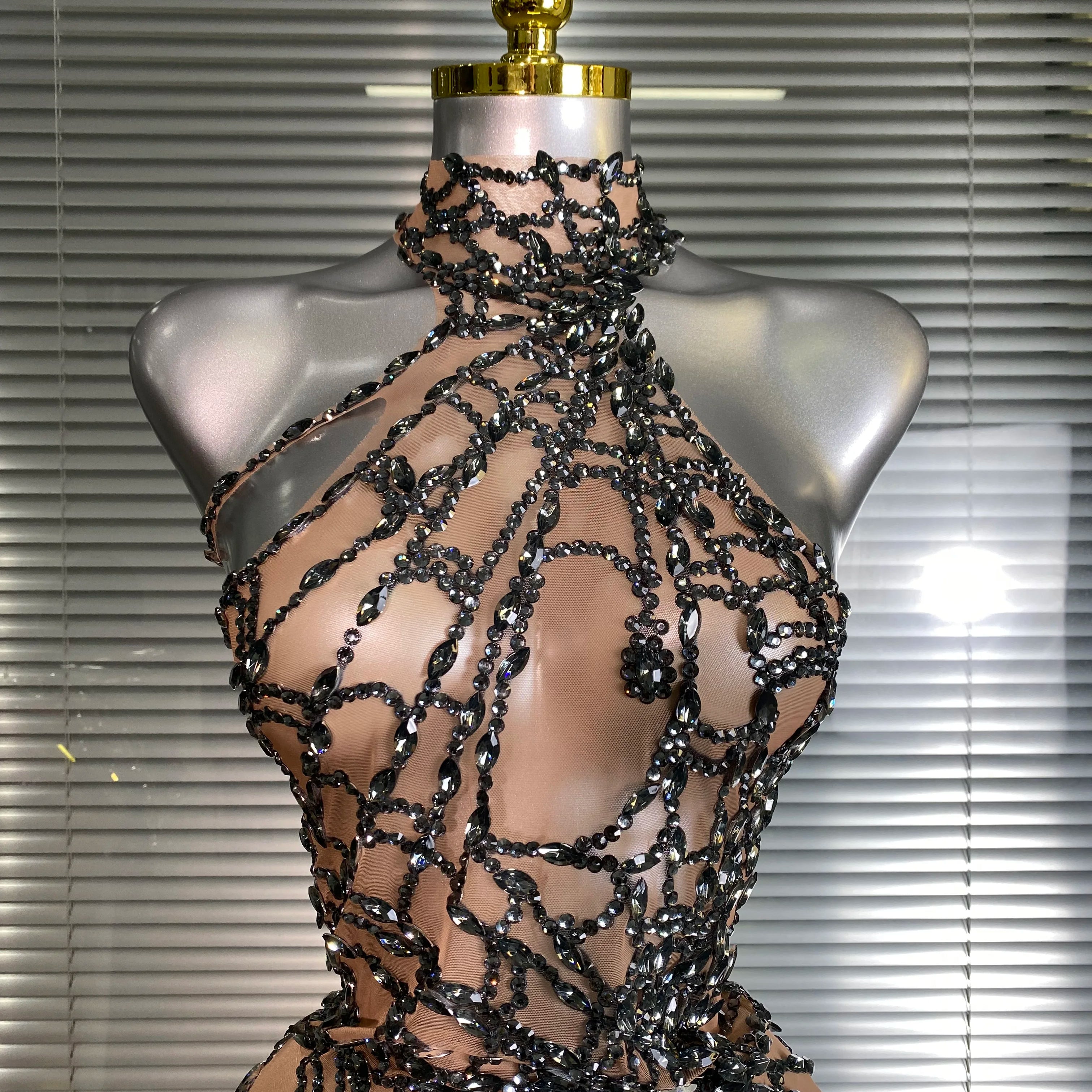 Women Sexy Crystal Jumpsuit Celebrity Designer Spider Web Stretchy Mesh Sheer Black Skin Singer Dancer Stage Night Club Rompers