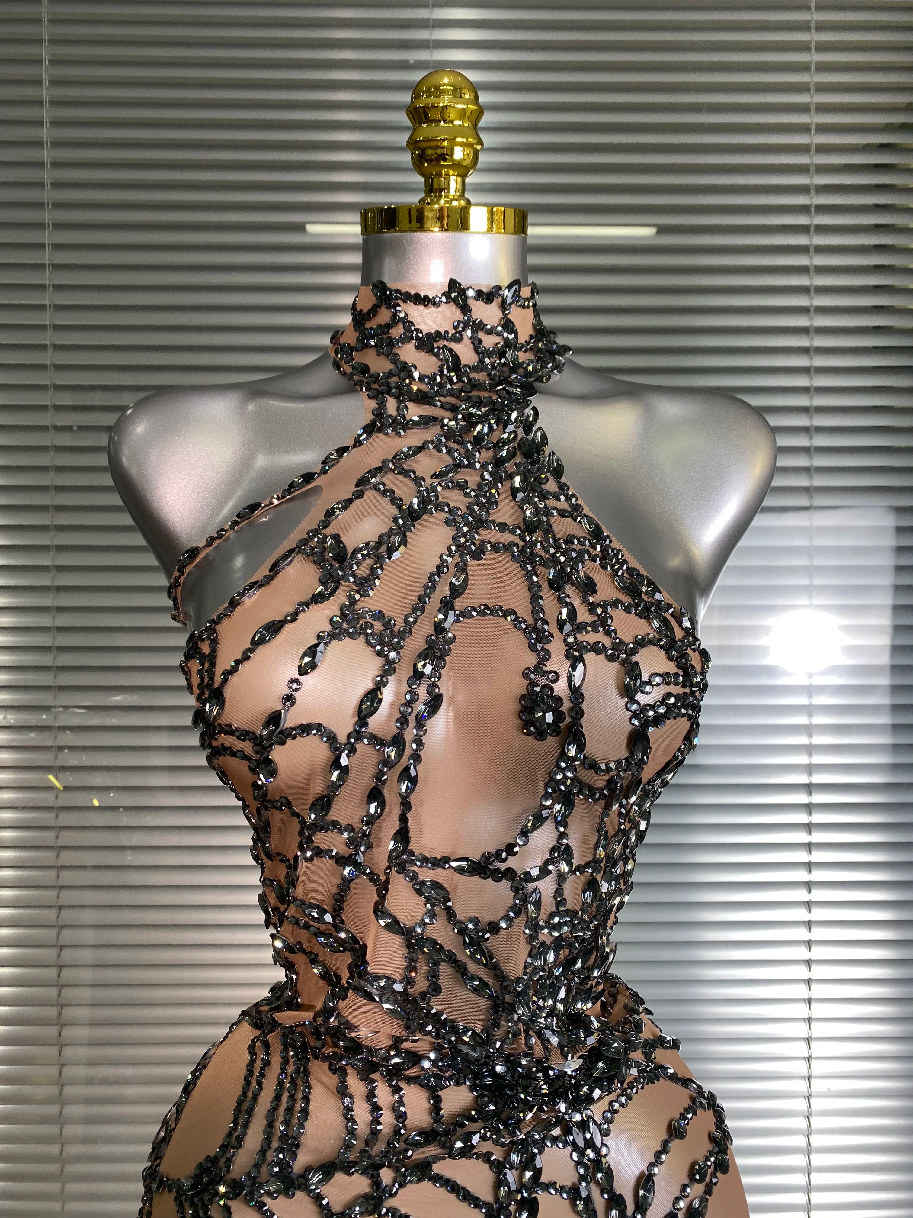 Women Sexy Crystal Jumpsuit Celebrity Designer Spider Web Stretchy Mesh Sheer Black Skin Singer Dancer Stage Night Club Rompers