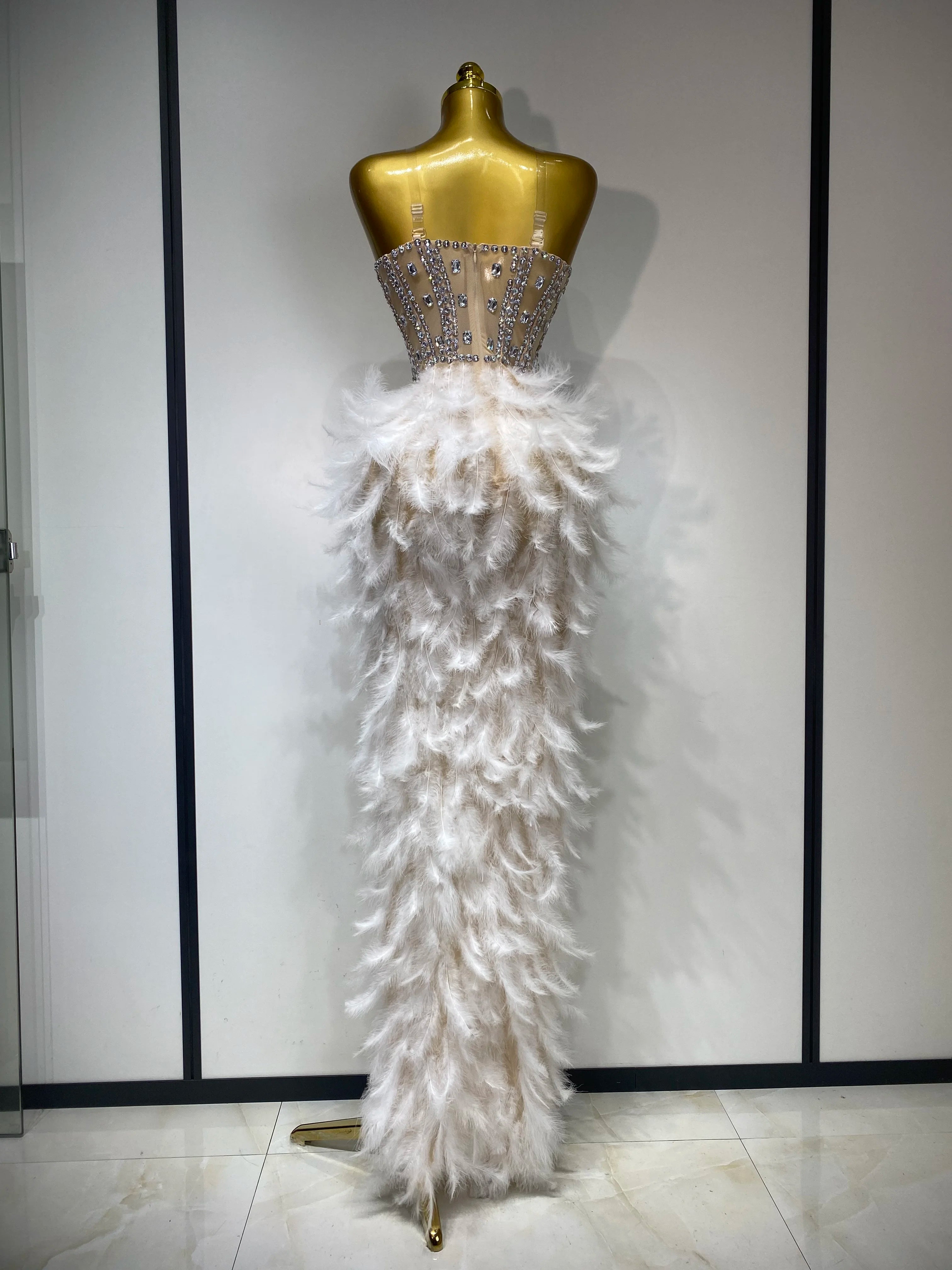 Women Sexy Sparkly Rhinestone Feather Mesh Long Dress Elegant Evening Party Celebrate Luxury Birthday Singer Stage Costume