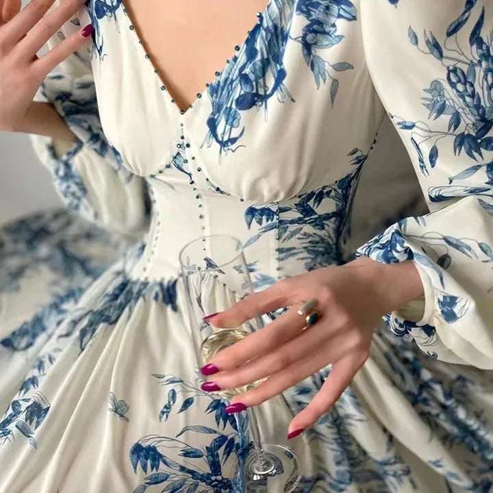 Fashion Designer Floral Beading High Waist A Line Party Women Vintage Elegant Lantern Sleeve Chic Casual Beach Holiday Dresses