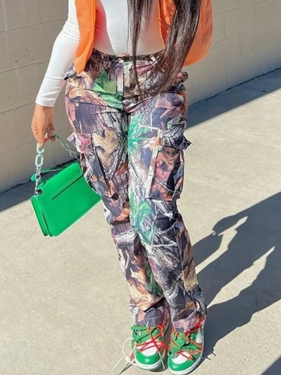 Mid-Waist Side Pocket Design Camo Print Cargo Pants Women Street Y2K Trousers Print Design Jeans