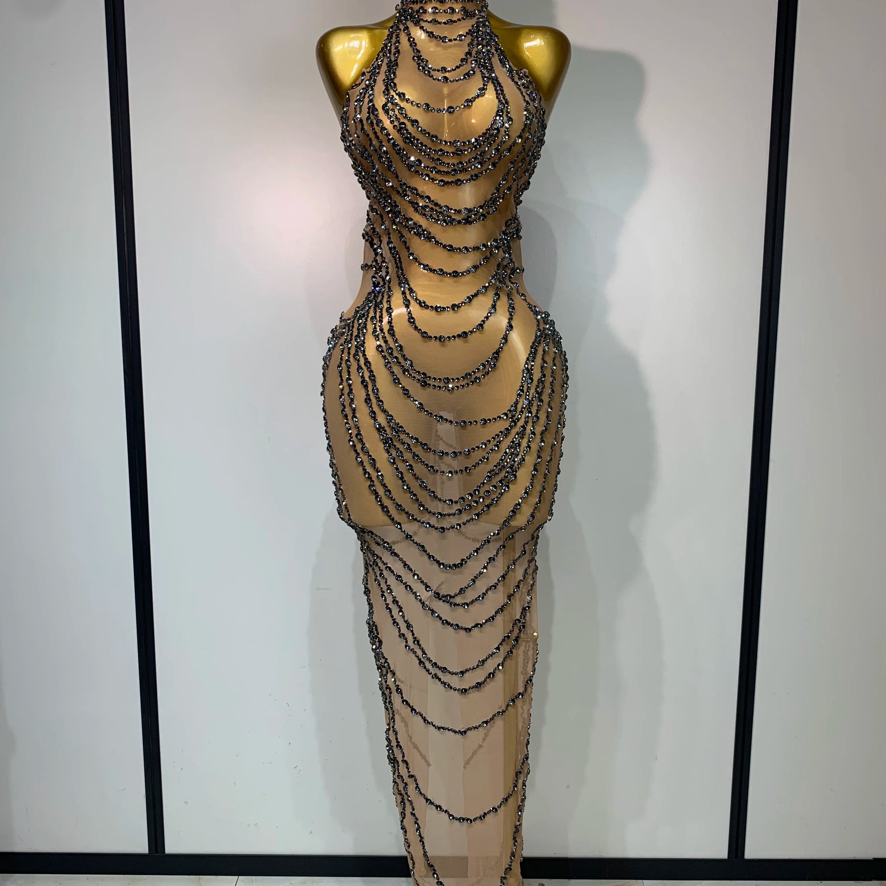 Sparkly Rhinestone Sexy Transparent Mesh Long Dress 2025 Women Luxury Birthday Club Party Gown Stage Singer Performance Costume