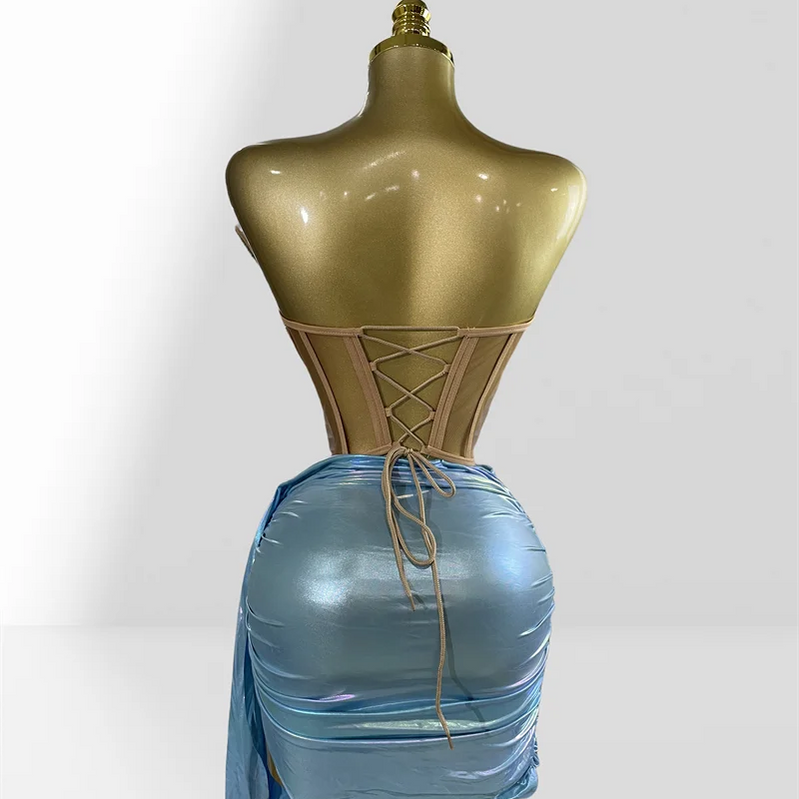 Fashionable Mirror Luxurious Rhinestone Lace -up Top And Mini Skirt Set 2 Pieces Woman Birthday Vestido Music Festival Outfit