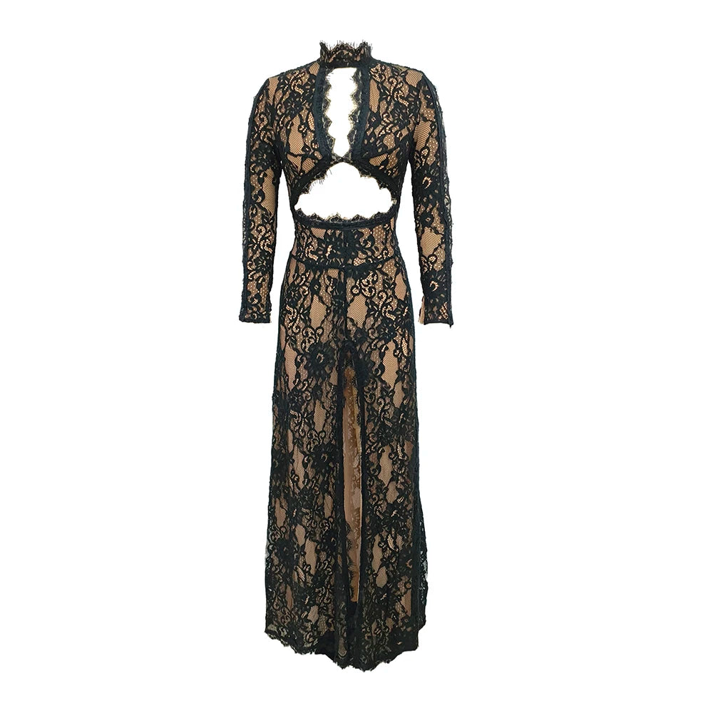 VC Black Lace Cut Out Long Dress Backless High Split Maxi Long Sleeves O Neck Celebrity Slim Cocktail Party Evening Gowns