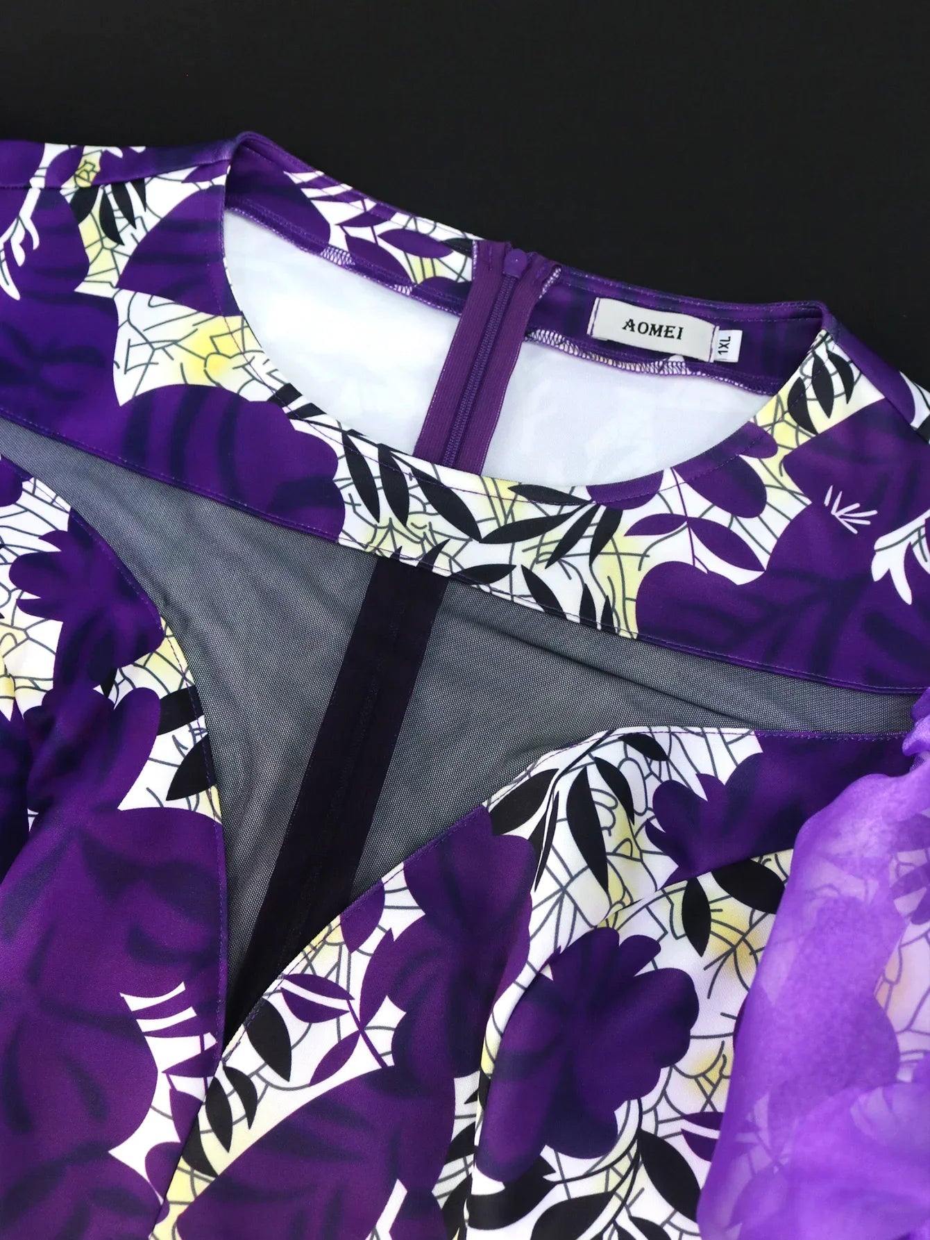 Purple Printed Dresses O Neck Tulle Patchwork Short Puff Sleeve Floral High Waist Bodycon Birthday Evening Event Party Gowns