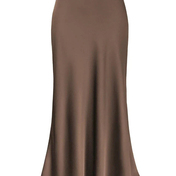 Women Satin Silk Skirts Summer Spring Korean Fashion Clothing Office Ladies Long Skirt Elegant Black Maxi Skirts for Women Dark Brown