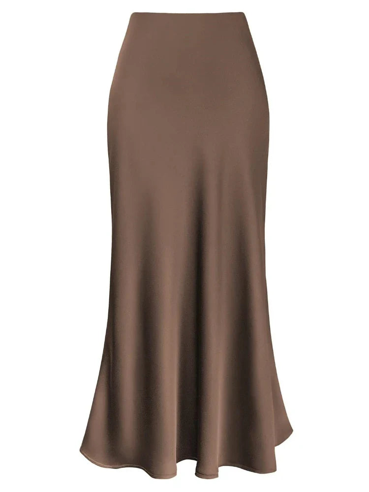 Women Satin Silk Skirts Summer Spring Korean Fashion Clothing Office Ladies Long Skirt Elegant Black Maxi Skirts for Women Dark Brown
