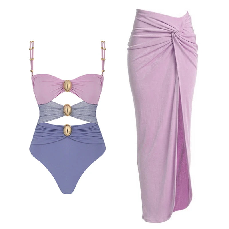 Hollowen One Piece Swimsuit With Cover Up Sexy Swimwear Women Off Shoulder Swim Suits Patchwork Bathsuit Belt Bodysuit Beachwear WD1201Z1