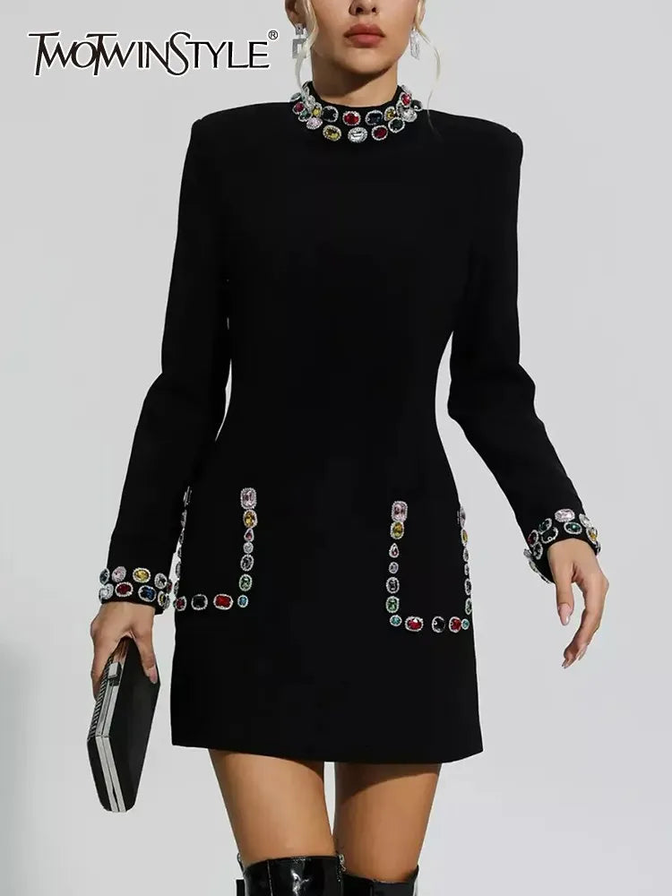 TWOTWINSTYLE Solid Patchwork Diamonds Temperament Dress For Women Round Neck Long Sleeve High Waist Slimming Dresses Female New