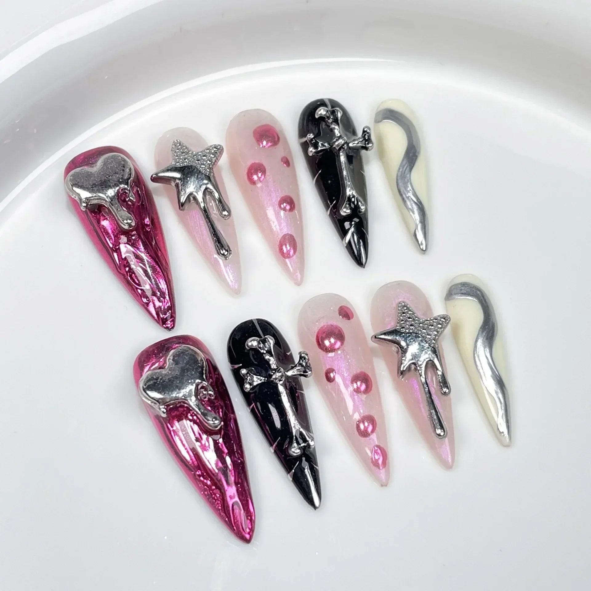 Lot de 10 faux ongles dorés faits main en forme d'amande, avec strass, couverture complète, style français, manucure, nail art