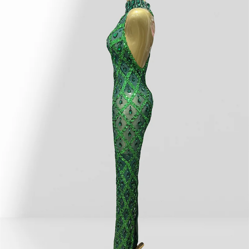 Woman Birthday Party Outfit Club Performance Costume Sparkling Diamond Green Sequins Sexy Mesh see Through Ankle Length Dress