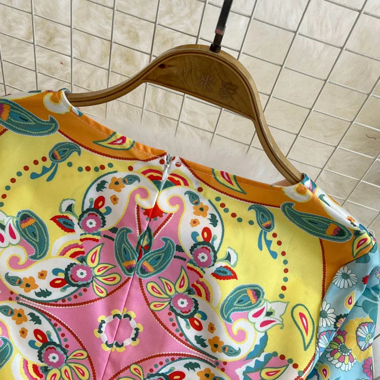 Summer Fashion Designer Dress Women's O-Neck Short Sleeve Floral Print Stripe Vintage Belt Lace Up Irregular Midi Vestidos