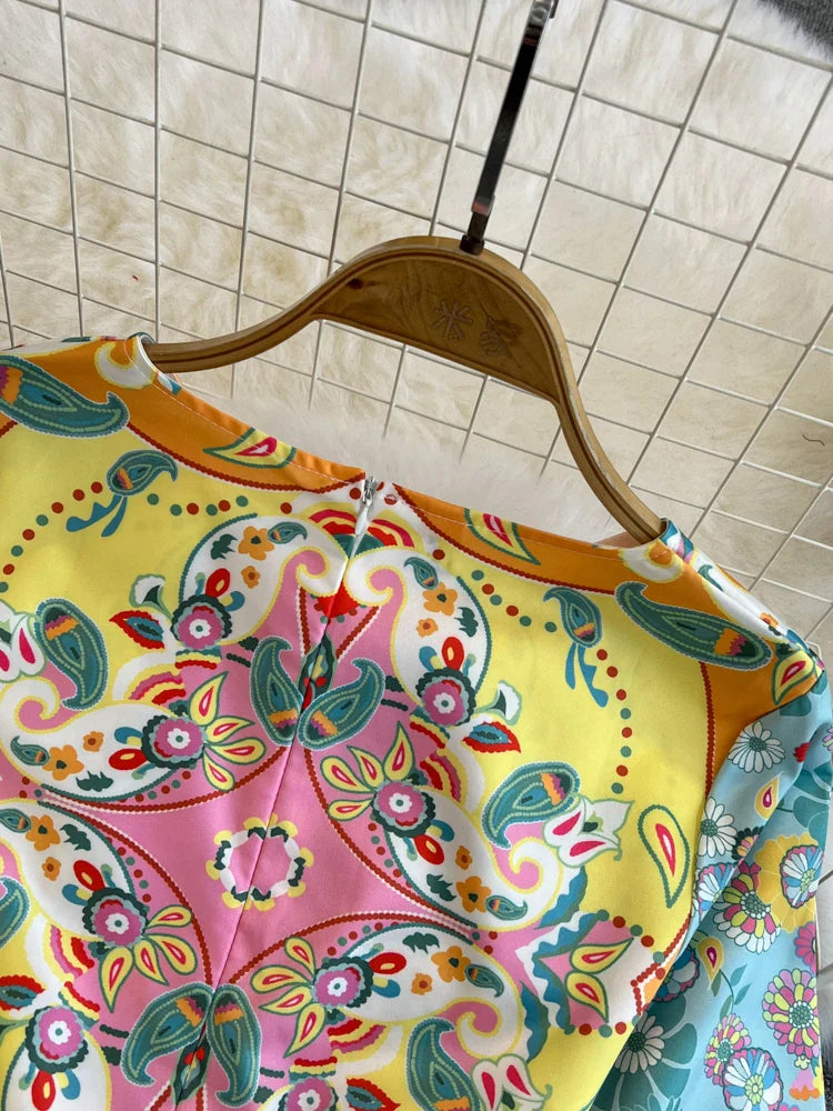 Summer Fashion Designer Dress Women's O-Neck Short Sleeve Floral Print Stripe Vintage Belt Lace Up Irregular Midi Vestidos