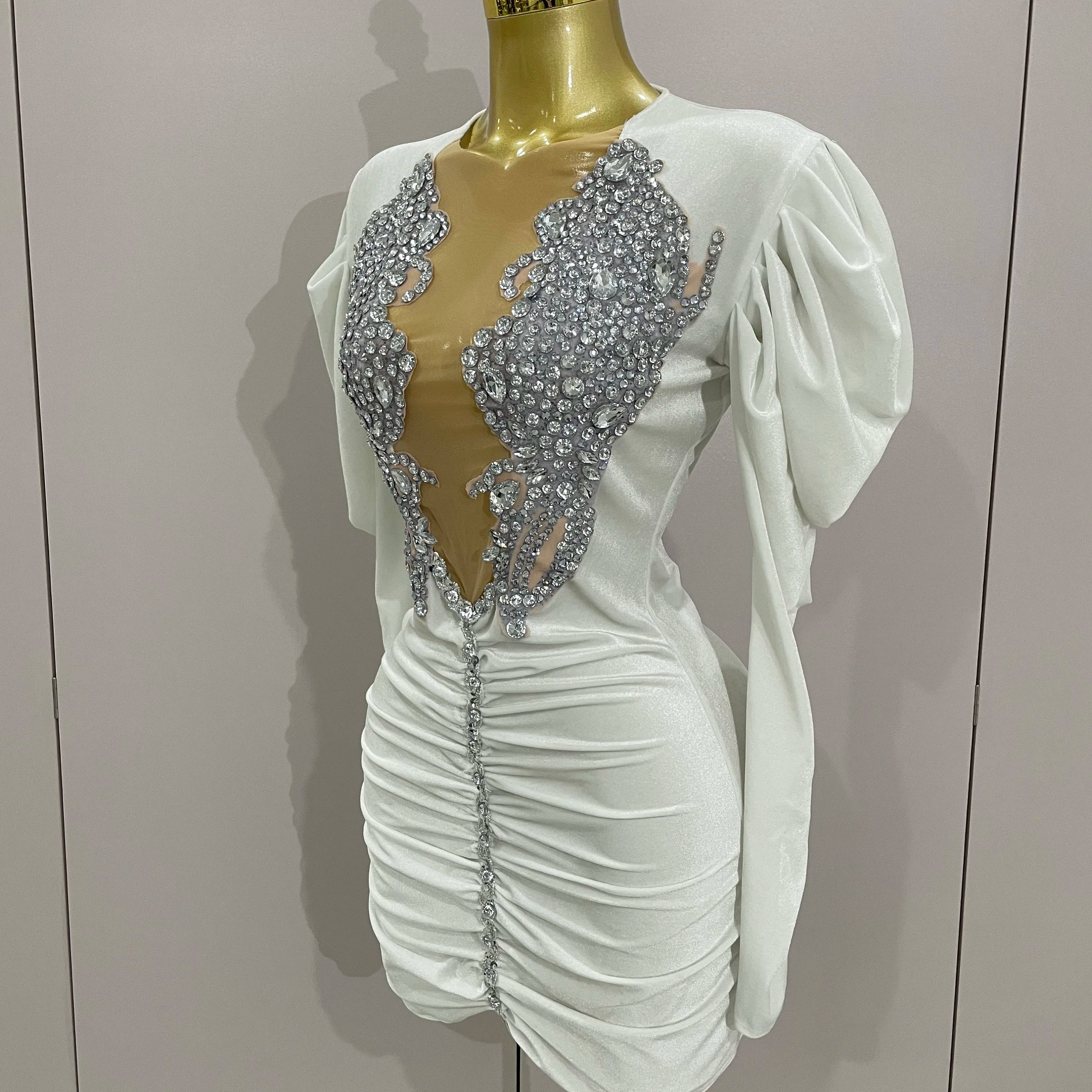 Luxury Sparkly Crystals Sexy Mesh White Velvet Short Dress 2025 Women Elegant Evening Prom Birthday Party Dresses Stage Costume