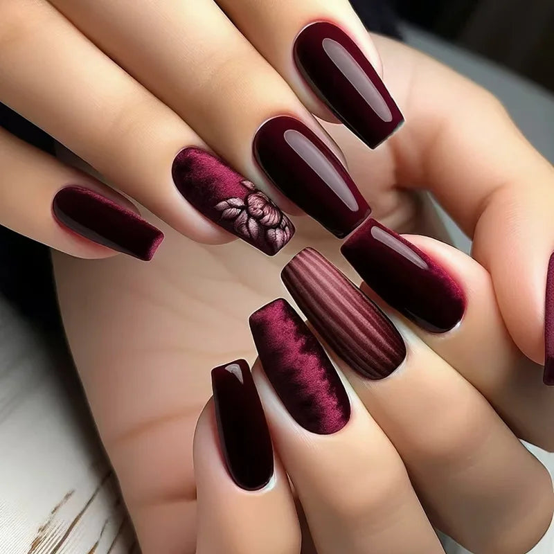 24Pcs Long Ballet False Nails Dark Red Flower Press on Nails Stripe French Coffin Nails Romantic Rose Medium Acrylic Fake Nail