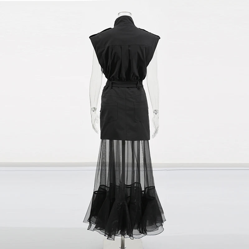 TWOTWINSTYLE Solid Sheer Spliced Mesh Folds Dress for Women Round Neck Sleeveless Patchwork Zipper elegant Dress Female Fashion