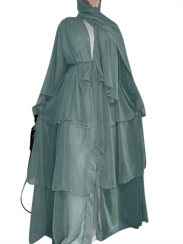 New In Women Abaya NO SCRARF(Encrypted Chiffon)Elegant Muslim Stitching Three Layer Abaya Ruffle Sleeves Cardigan Marocain Dress Mint Green