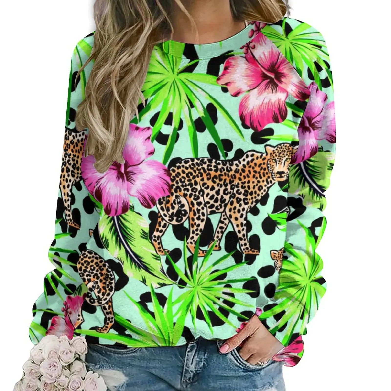 Jungle Cheetah Casual Hoodies Female Leopard Skin Green Leaves Print Hoodie Long Sleeve Street Fashion Oversized Sweatshirts