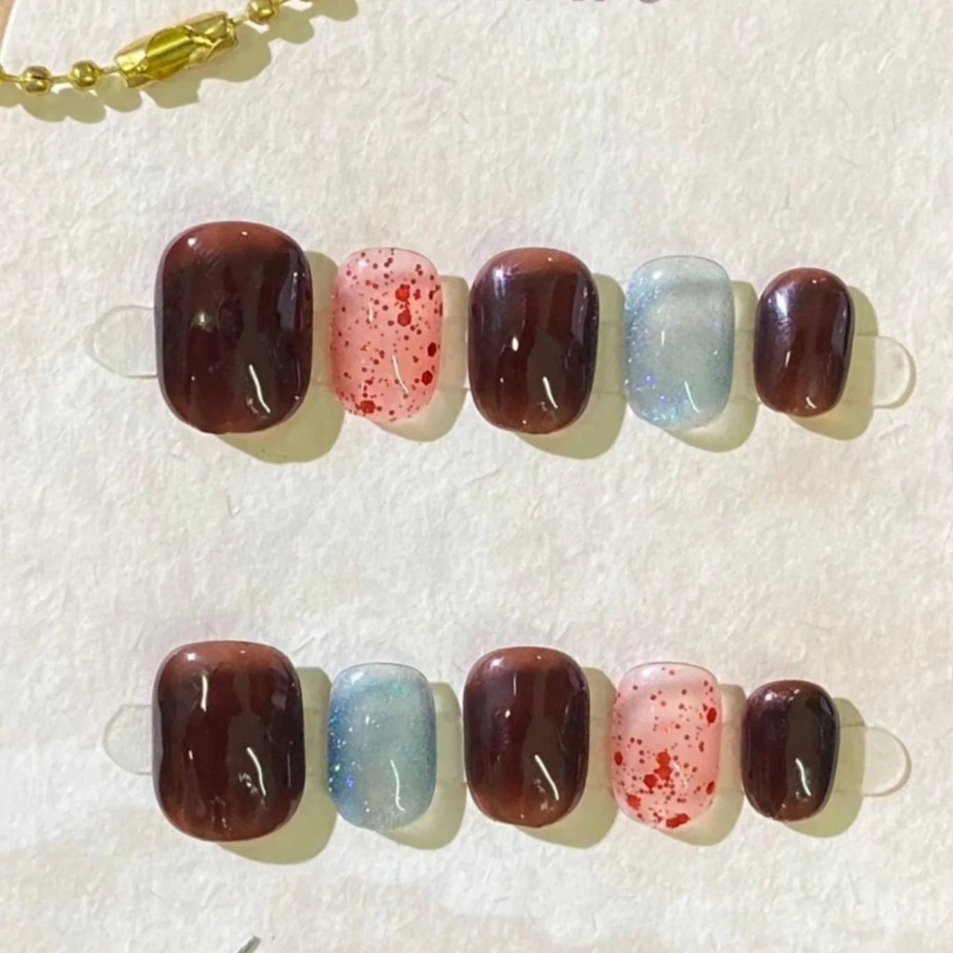 10pcs Brown Cat's Eye False Nails Sets Autumn Short Square Round Handmade Press on Nails Art Glitter Fake Nail Wearable Manicure