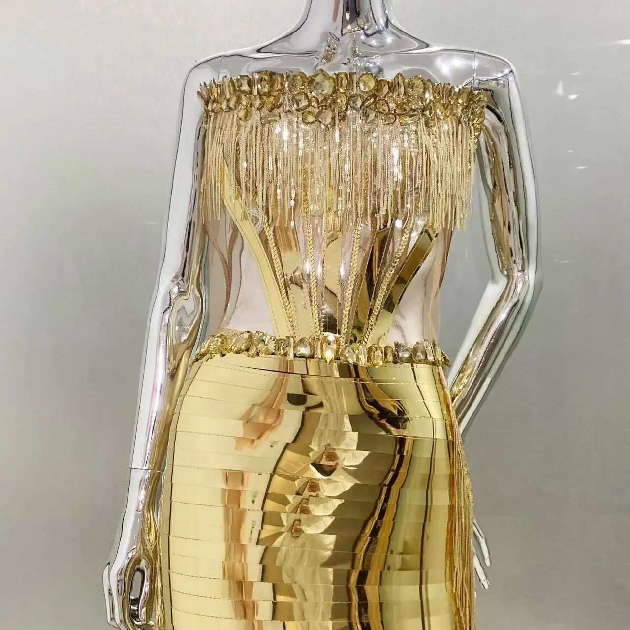 Gold Color Women Sexy Strapless Shinning Crystal 2 Pieces Bodycon Mini Dress Nightclub Party Performance Costume Birthday Dress