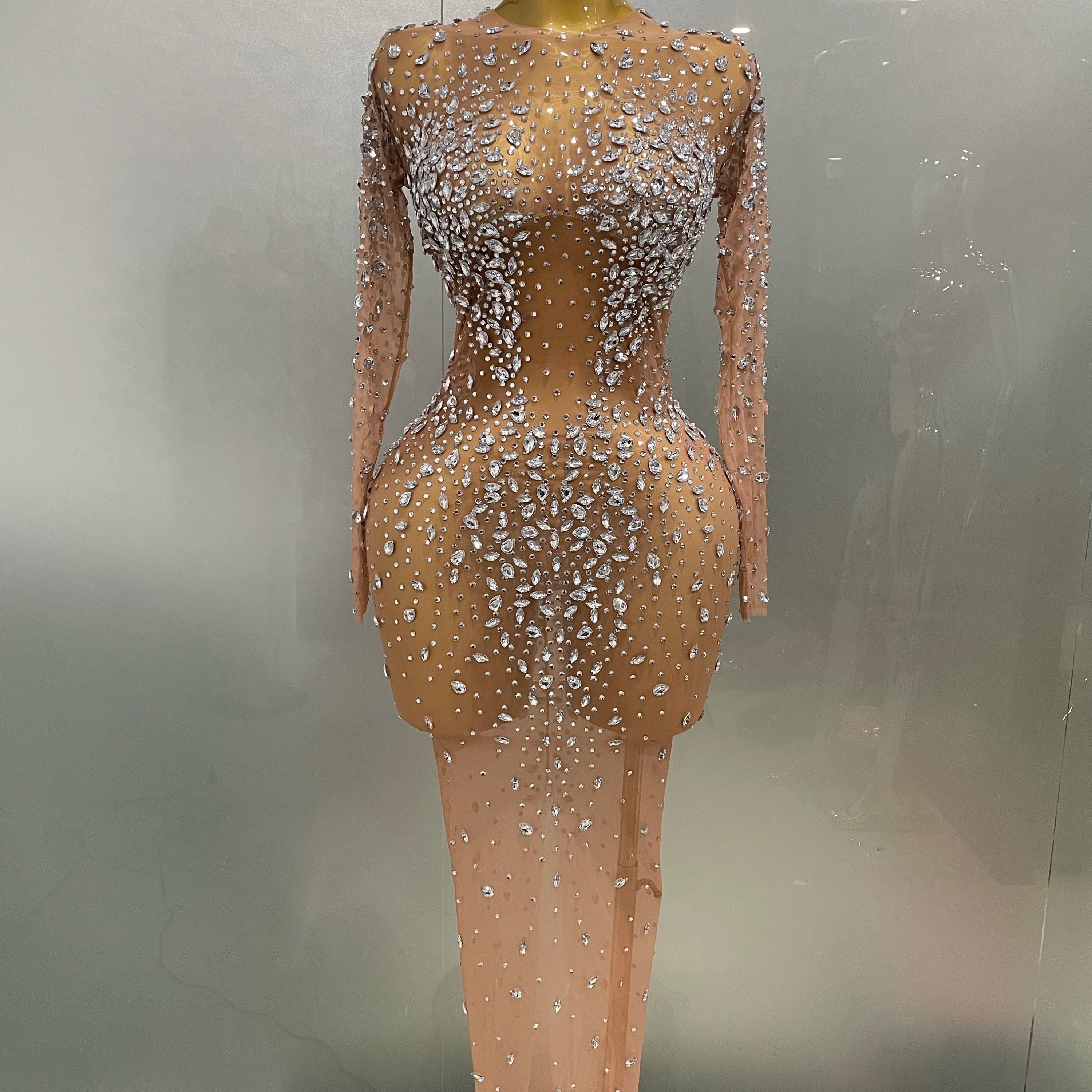 Sexy Shinny Rhinestone Stretch Mesh Transparent Long Dress 2025New Women Evening Birthday Party Prom Nightclub Singer Stage Wear