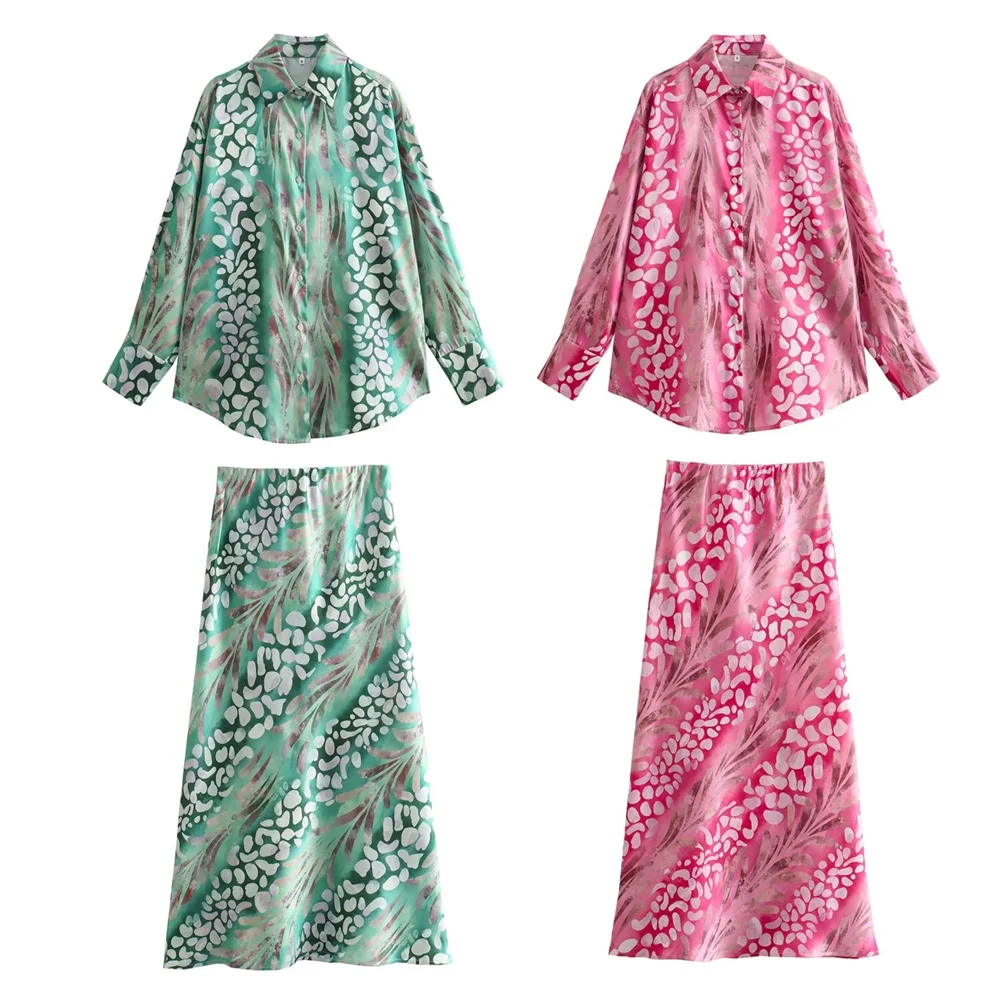 Taop&Za Women's Elegant Silk Texture Printed Long sleeved Shirt/High Waist Printed Half skirt Long skirt