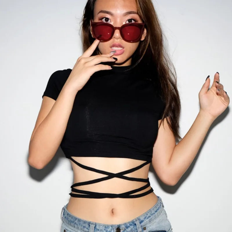 13 Colors Women Lace Up Cropped T-shirts Summer Lady O-Neck Short Sleeve Slim Bandage Tee Tops GXJCK-2180