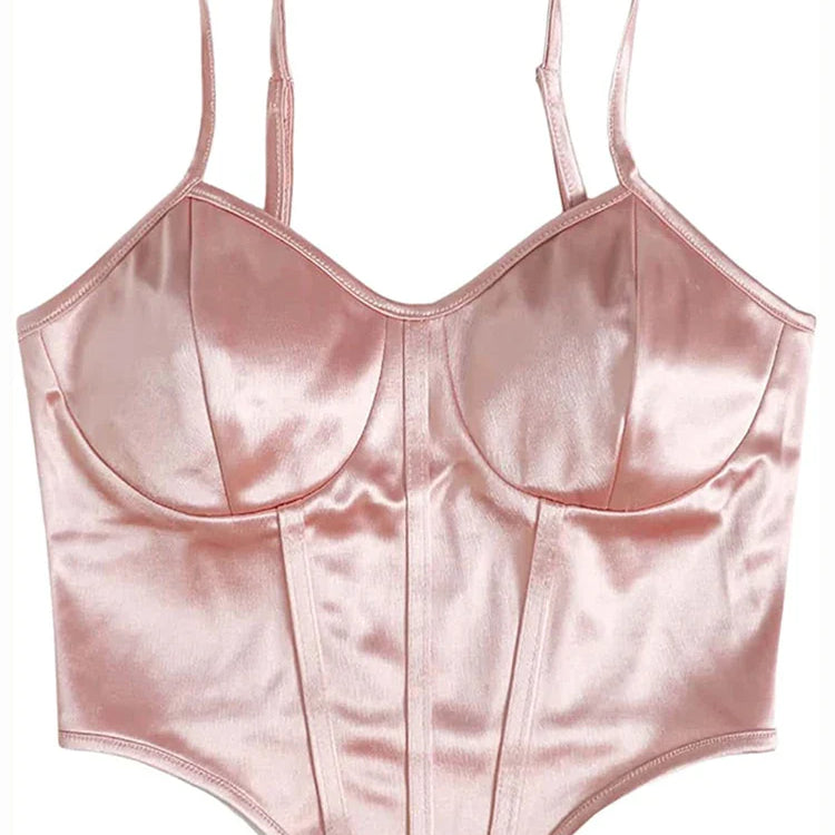 New Summer Women's Satin Sleeveless Chain Strap Crop Tops Tank Tops Bustier Clubwear Camisole Pink