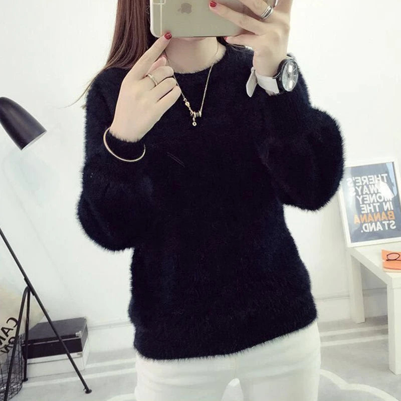 Winter Imitate Mink Wool Hot Fleecing Female Casual Sweater O-neck Long Puff Pink Solid Women Knitted Tops Elastic Pullovers Black 1 One Size