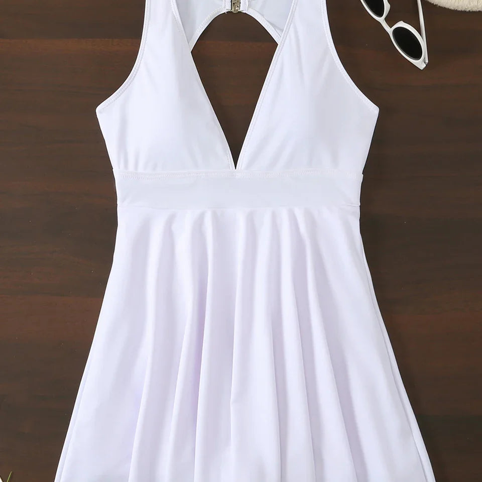 Deep V Neck Swimsuit Women One Piece Backless Swimwear Solid Beach Skirt Summer Female Bathers Bathing Swimming Bodysuit s2White