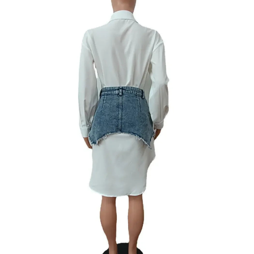 CM.YAYA Vintage Women Long Sleeve Turn-down Collar Shirt Blouse Style Dress with Denim Jean Irregular Mini Skirt Two 2 Piece Set