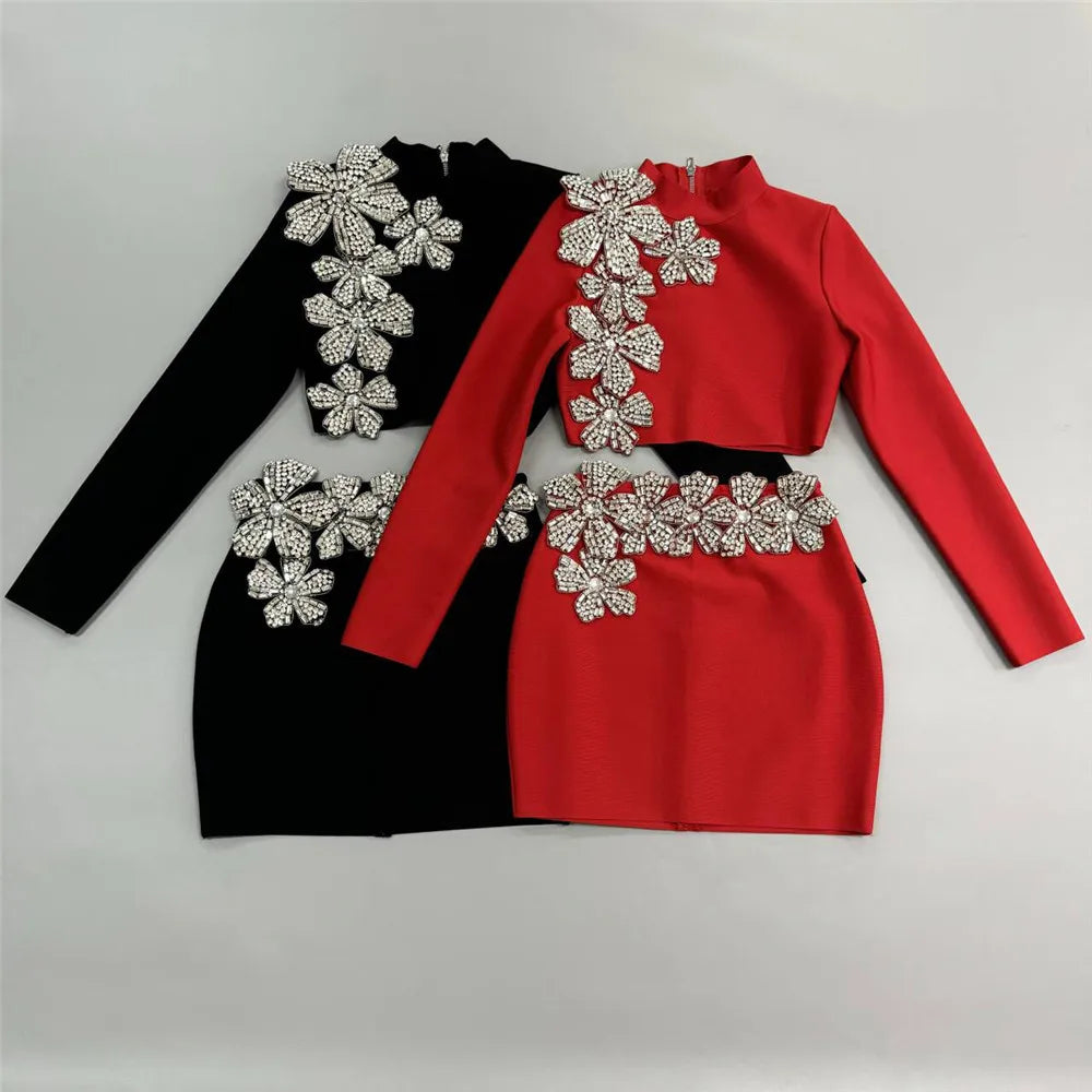 Women's Heavy Industry Nail Bead Flower Short Skirt Set High Collar Long Sleeve Tight Ultra Short Top+Mini Skirt Two Piece Set