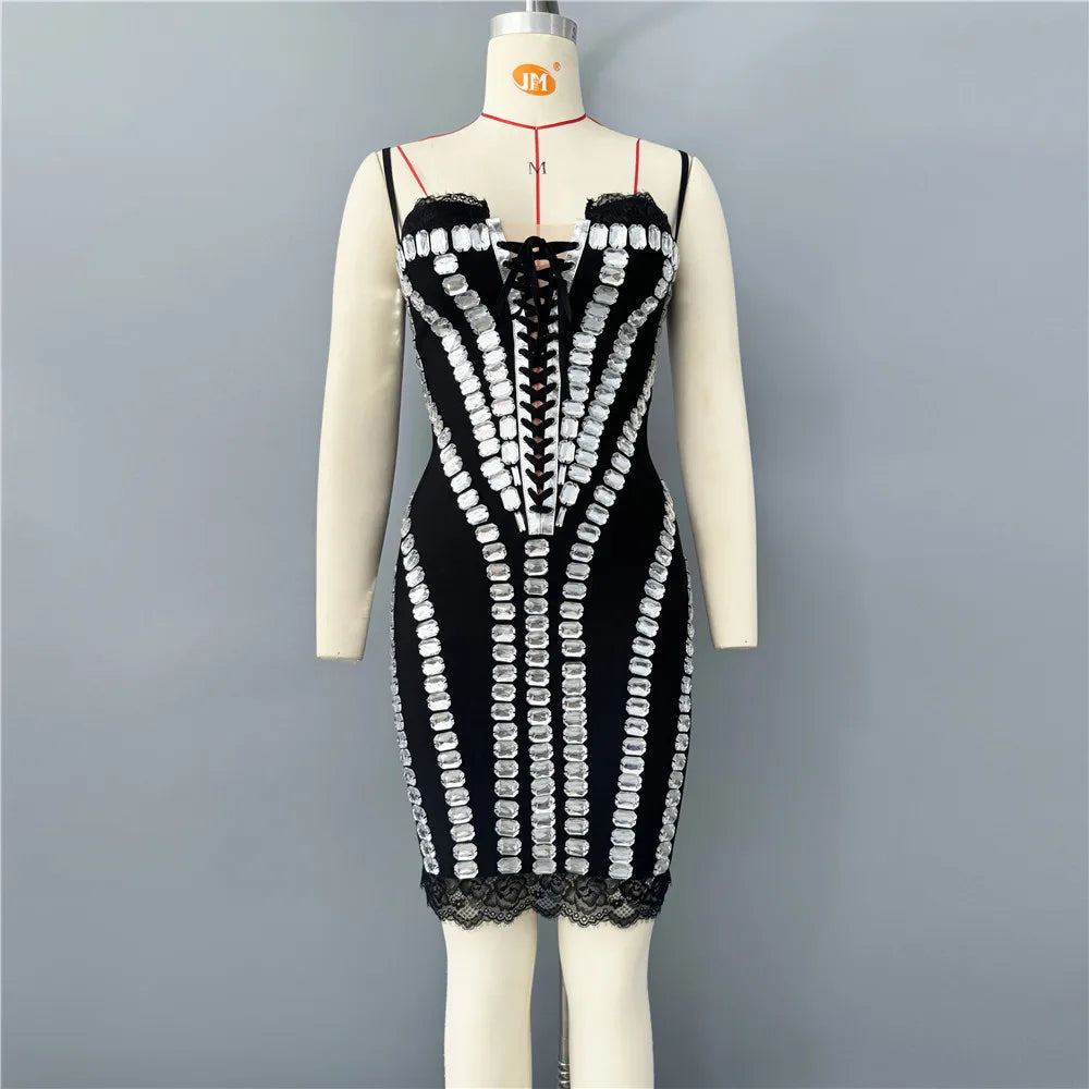 Women Sleeveless Sexy Strap Shinning Crystal Bodycon Mini Bandage Dress Lace Celebrate Nightclub Party Outfit