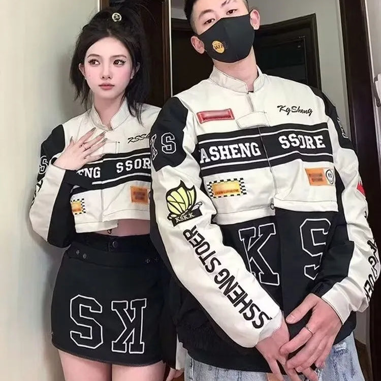 Spring Detachable Motorcycle Racing Jacket with Skirt Separation Set Women Vintage Motor Autumn Coat Korean Y2K Harajuku Clothes